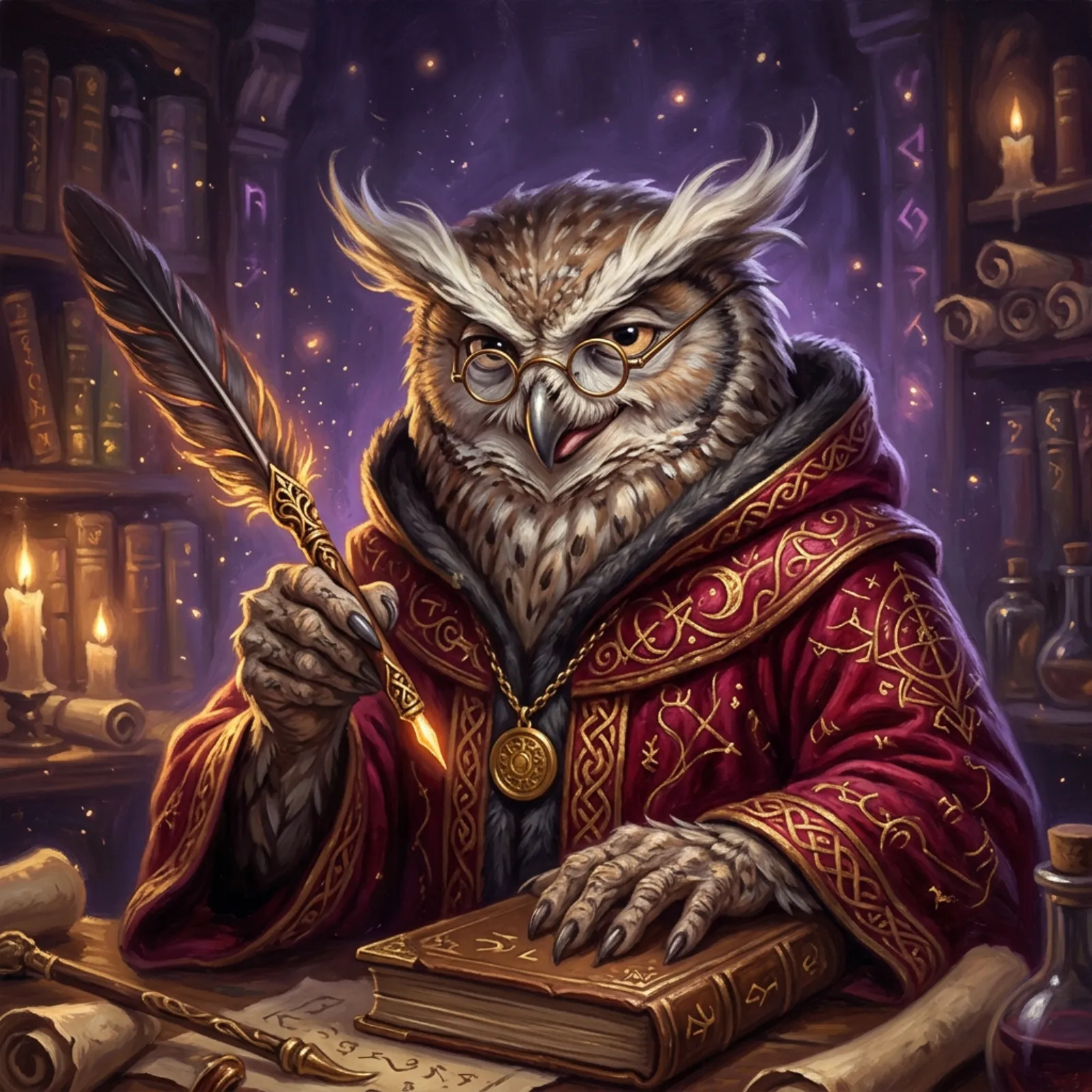 Grimbald the Grammarian, an owl-faced wizard in round spectacles and a crimson robe, holding a quill.