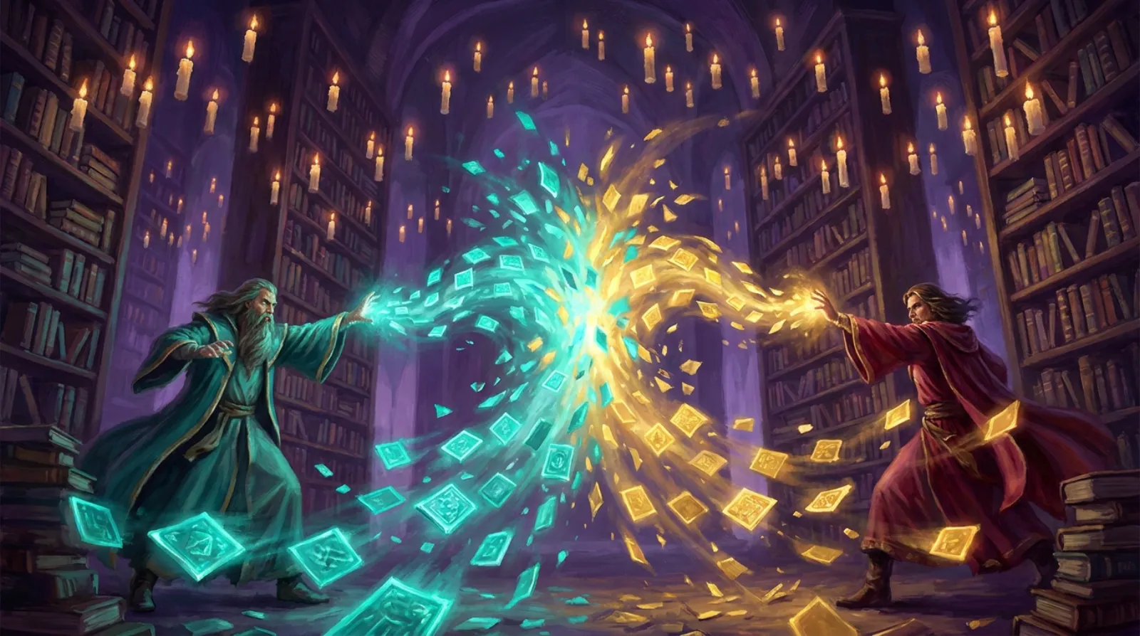 Two wizards duel across a candlelit library, one in teal and one in crimson, hurling streams of glowing tiles that collide in a burst of light between them.